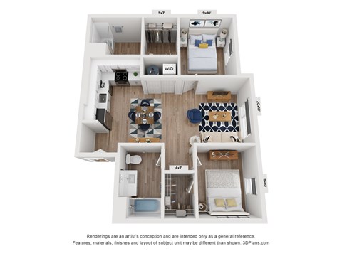 A 3D floor plan of a small apartment with a kitchen, living room, and two bedrooms.